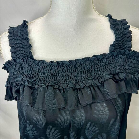 Anthropologie Black Leaf Print Finn Open Shoulder Ruffle Smocked Blouse S NWT - Picture 5 of 12